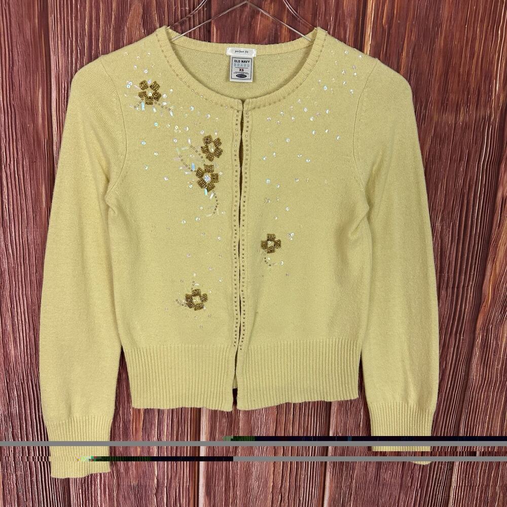 VTG 90s Old Navy Butter Yellow Cardigan Beaded Coquette Fairy Womens Size XS - Picture 2 of 8